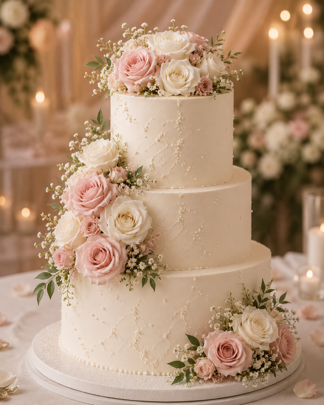 Tiered white wedding cake with gold detailing